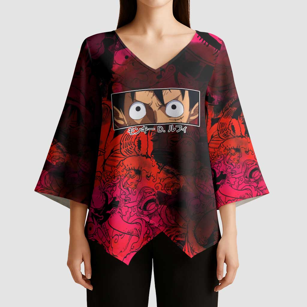 Luffy One Piece Red Theme Kimono Sleeve Blouse with Straw Hat Crew and Gear Transformation Design - The Mazicc