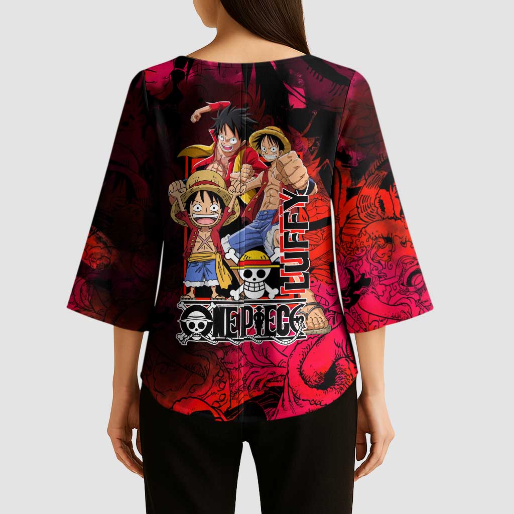 Luffy One Piece Red Theme Kimono Sleeve Blouse with Straw Hat Crew and Gear Transformation Design - The Mazicc