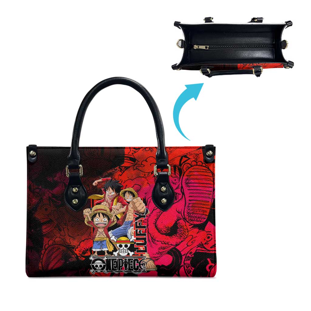 Luffy One Piece Red Theme Leather Bag with Straw Hat Crew and Gear Transformation Design - The Mazicc