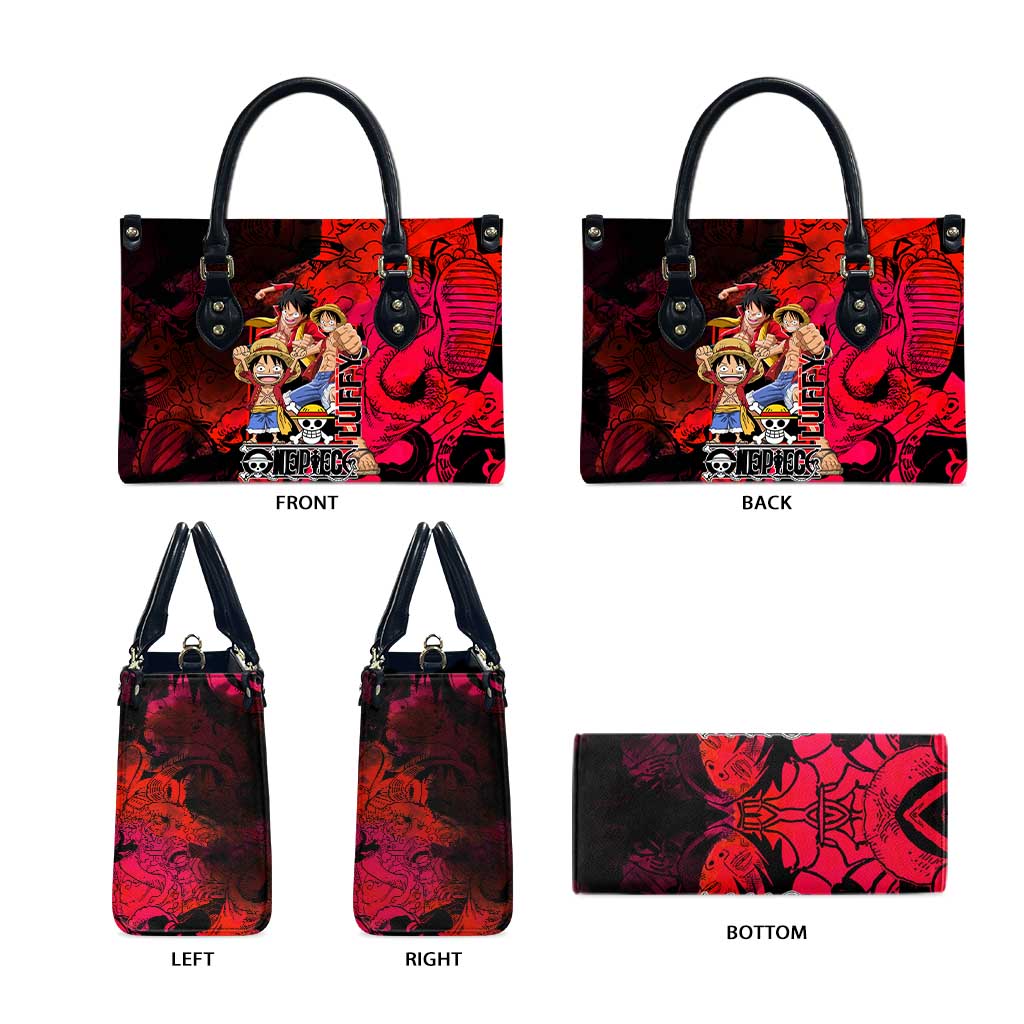 Luffy One Piece Red Theme Leather Bag with Straw Hat Crew and Gear Transformation Design - The Mazicc