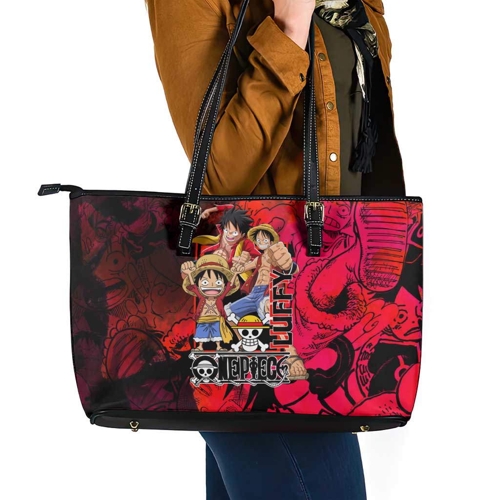 Luffy One Piece Red Theme Leather Tote Bag with Straw Hat Crew and Gear Transformation Design - The Mazicc