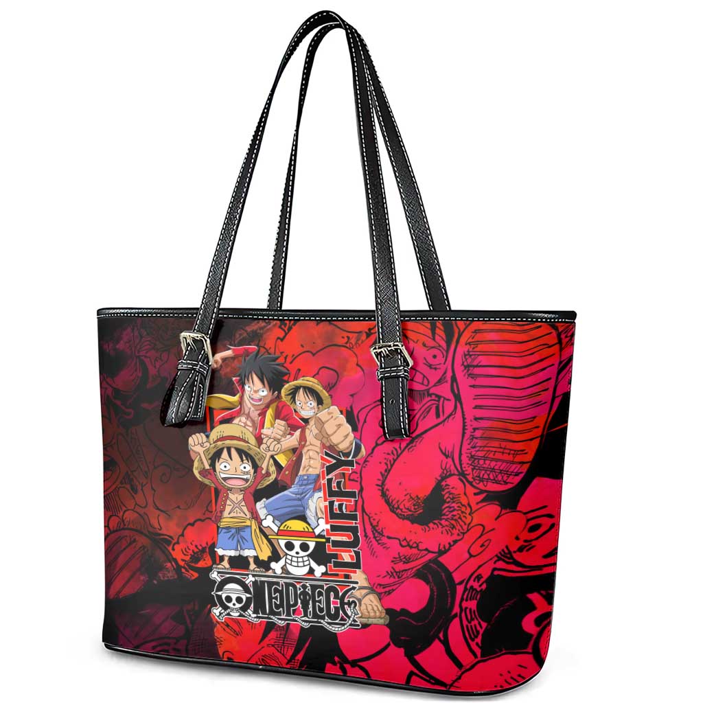 Luffy One Piece Red Theme Leather Tote Bag with Straw Hat Crew and Gear Transformation Design - The Mazicc