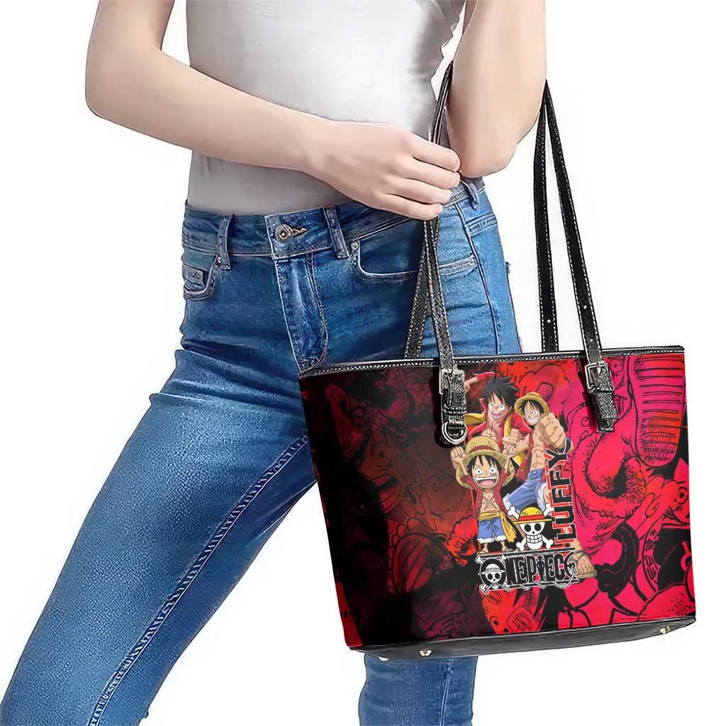 Luffy One Piece Red Theme Leather Tote Bag with Straw Hat Crew and Gear Transformation Design - The Mazicc