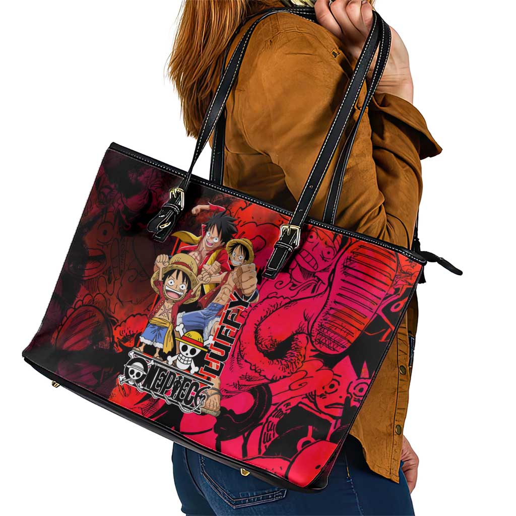 Luffy One Piece Red Theme Leather Tote Bag with Straw Hat Crew and Gear Transformation Design - The Mazicc