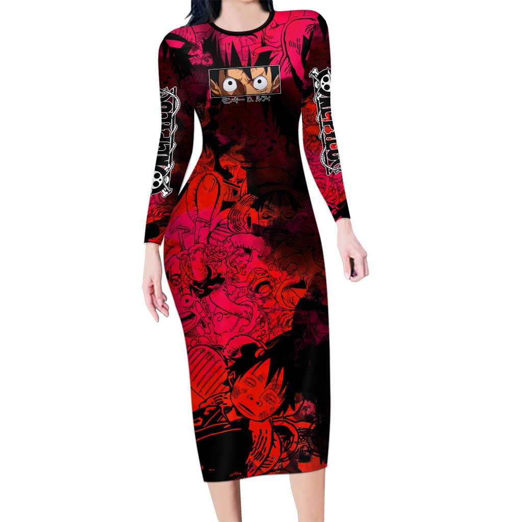 Luffy One Piece Red Theme Long Sleeve Bodycon Dress with Straw Hat Crew and Gear Transformation Design - The Mazicc