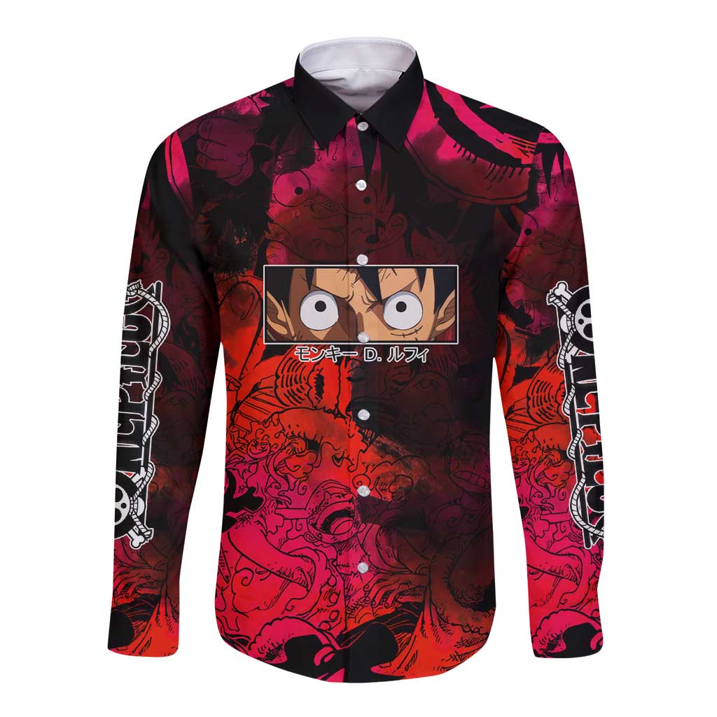 Luffy One Piece Red Theme Long Sleeve Button Shirt with Straw Hat Crew and Gear Transformation Design - The Mazicc