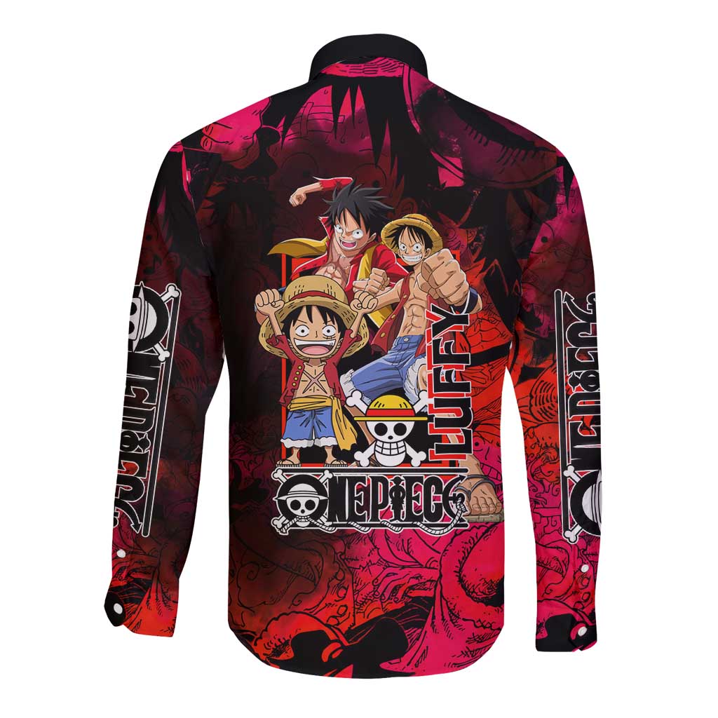Luffy One Piece Red Theme Long Sleeve Button Shirt with Straw Hat Crew and Gear Transformation Design - The Mazicc