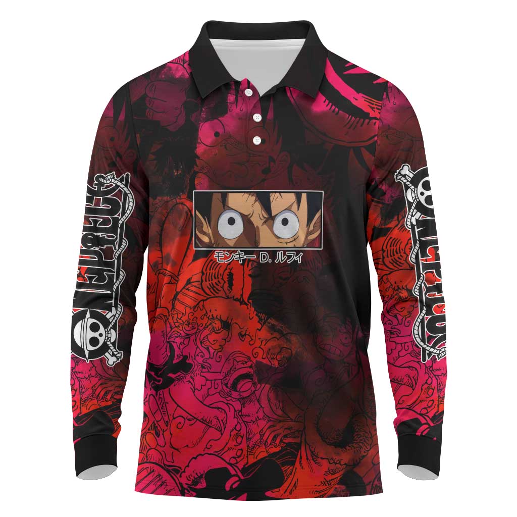 Luffy One Piece Red Theme Long Sleeve Polo Shirt with Straw Hat Crew and Gear Transformation Design - The Mazicc
