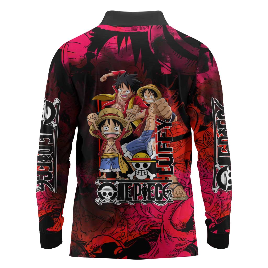 Luffy One Piece Red Theme Long Sleeve Polo Shirt with Straw Hat Crew and Gear Transformation Design - The Mazicc