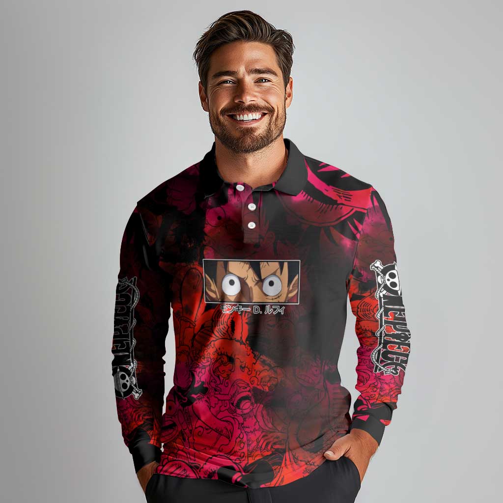 Luffy One Piece Red Theme Long Sleeve Polo Shirt with Straw Hat Crew and Gear Transformation Design - The Mazicc