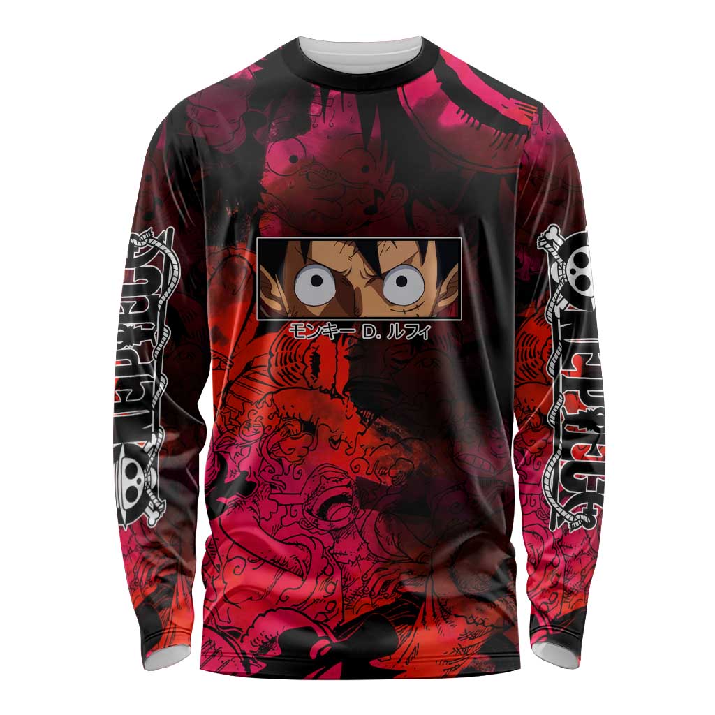 Luffy One Piece Red Theme Long Sleeve Shirt with Straw Hat Crew and Gear Transformation Design - The Mazicc