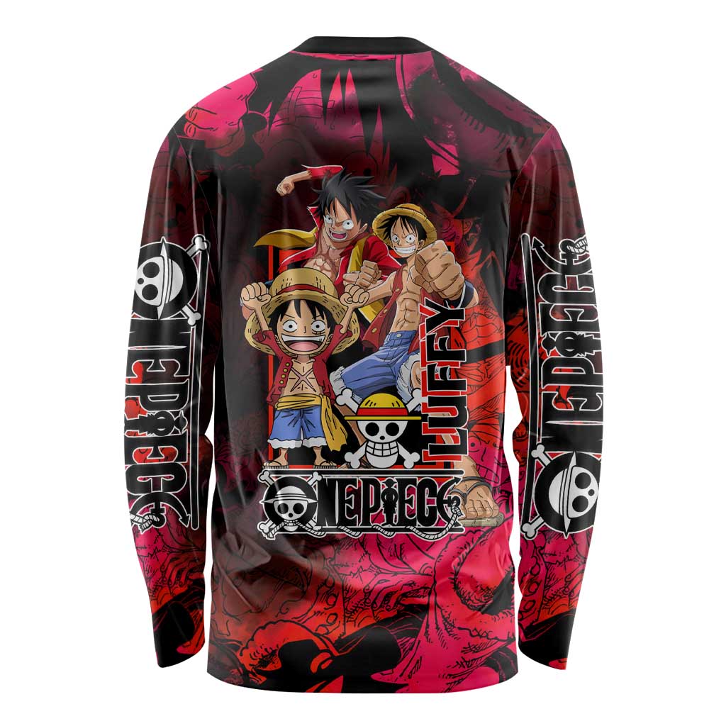 Luffy One Piece Red Theme Long Sleeve Shirt with Straw Hat Crew and Gear Transformation Design - The Mazicc