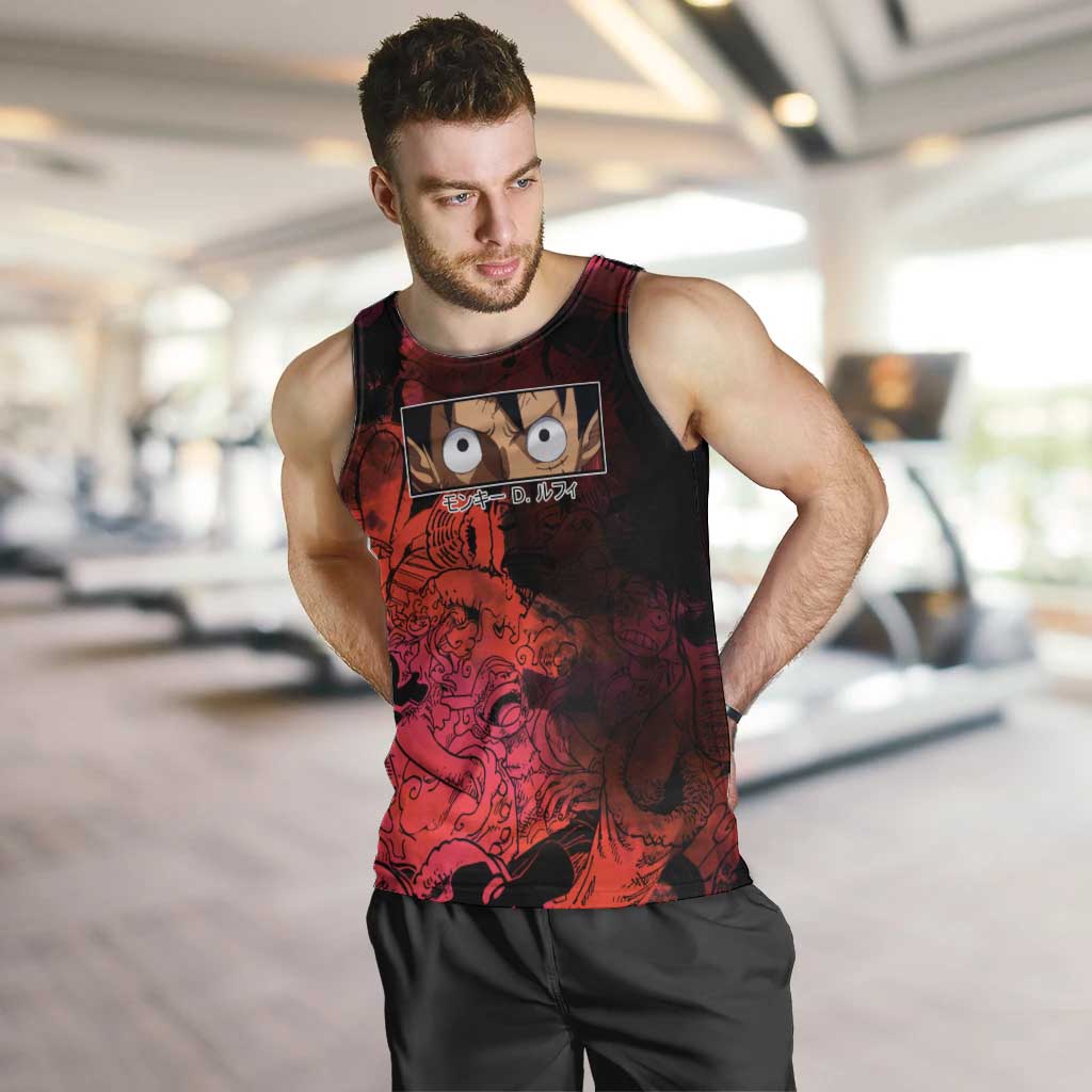 Luffy One Piece Red Theme Men Tank Top with Straw Hat Crew and Gear Transformation Design - The Mazicc