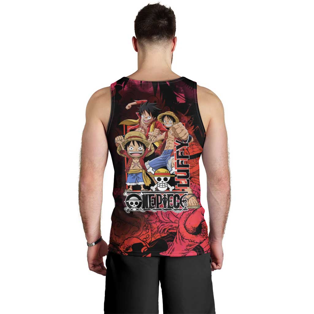 Luffy One Piece Red Theme Men Tank Top with Straw Hat Crew and Gear Transformation Design - The Mazicc