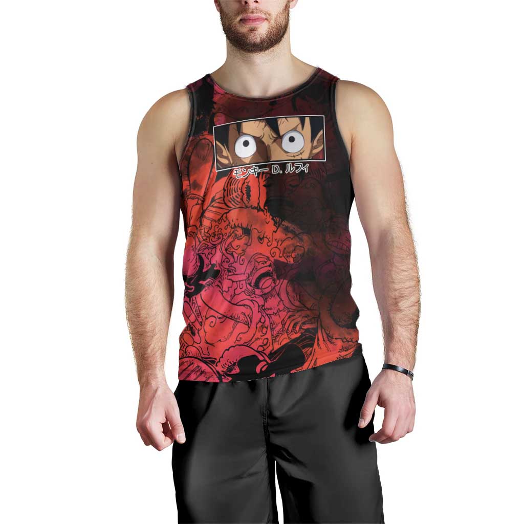 Luffy One Piece Red Theme Men Tank Top with Straw Hat Crew and Gear Transformation Design - The Mazicc
