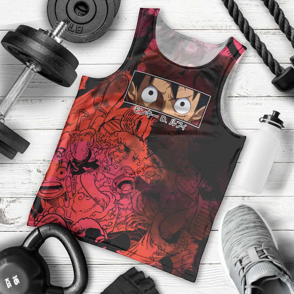 Luffy One Piece Red Theme Men Tank Top with Straw Hat Crew and Gear Transformation Design - The Mazicc