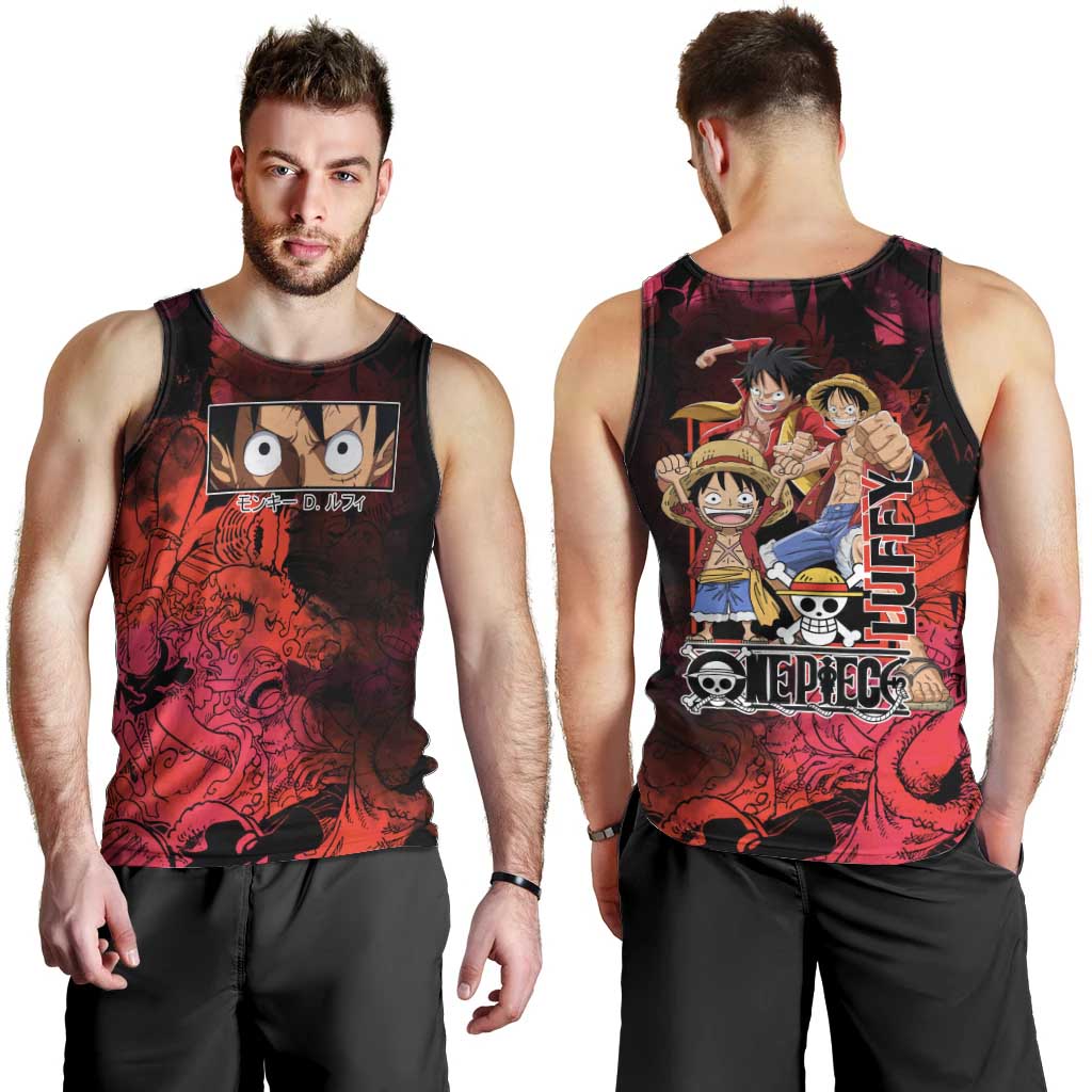 Luffy One Piece Red Theme Men Tank Top with Straw Hat Crew and Gear Transformation Design - The Mazicc