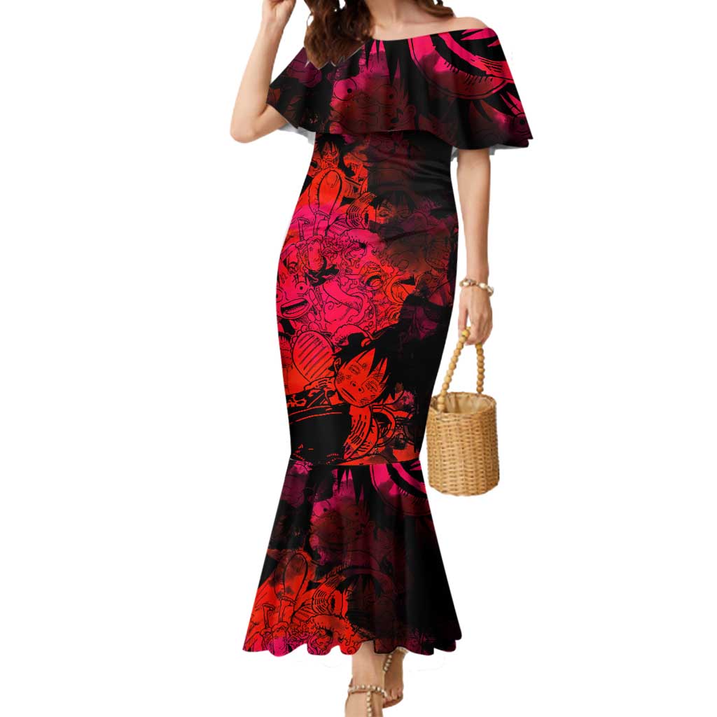 Luffy One Piece Red Theme Mermaid Dress with Straw Hat Crew and Gear Transformation Design - The Mazicc