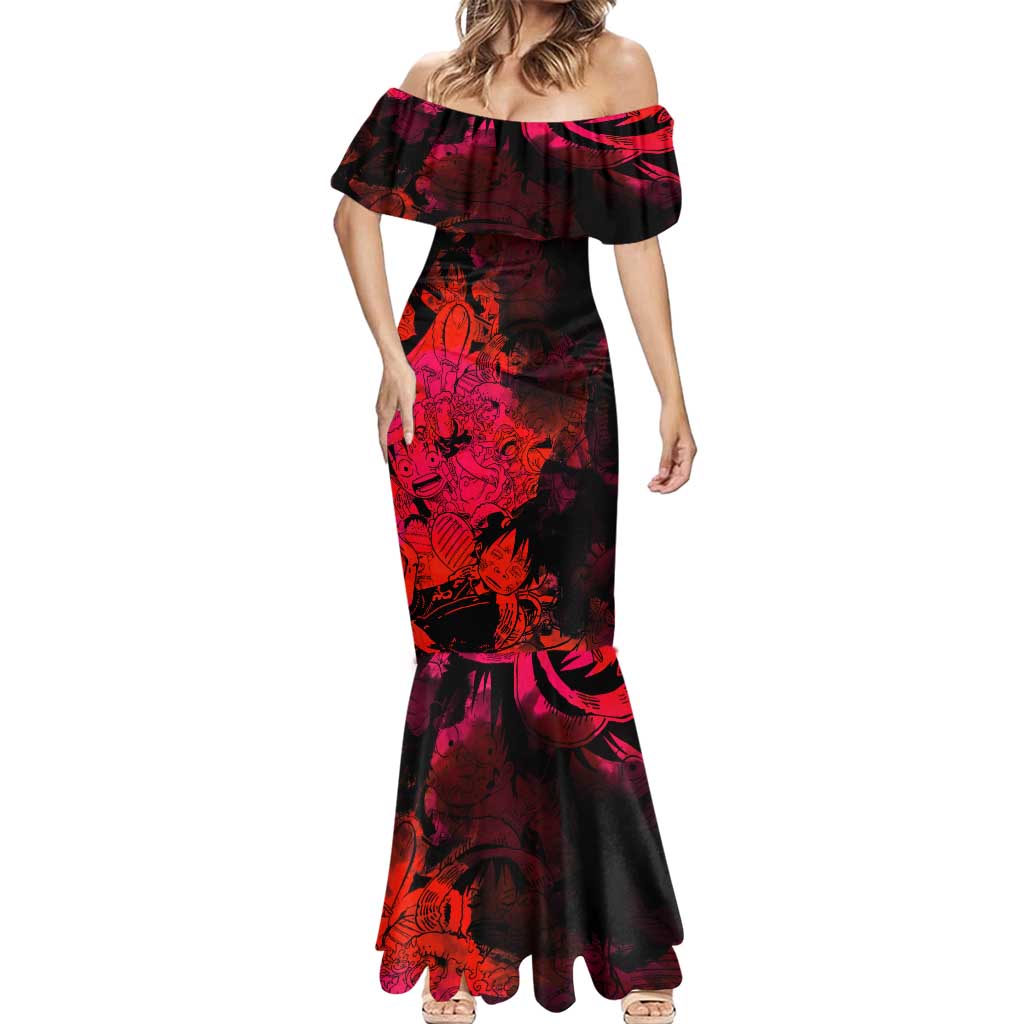 Luffy One Piece Red Theme Mermaid Dress with Straw Hat Crew and Gear Transformation Design - The Mazicc