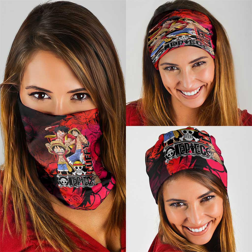 Luffy One Piece Red Theme Neck Gaiter with Straw Hat Crew and Gear Transformation Design - The Mazicc