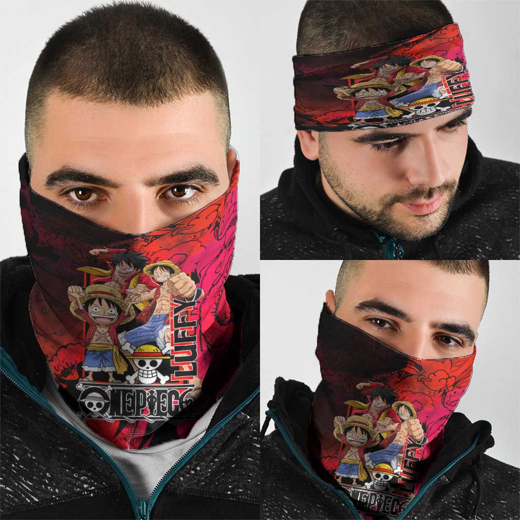 Luffy One Piece Red Theme Neck Gaiter with Straw Hat Crew and Gear Transformation Design - The Mazicc