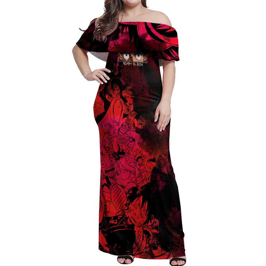 Luffy One Piece Red Theme Off Shoulder Maxi Dress with Straw Hat Crew and Gear Transformation Design - The Mazicc