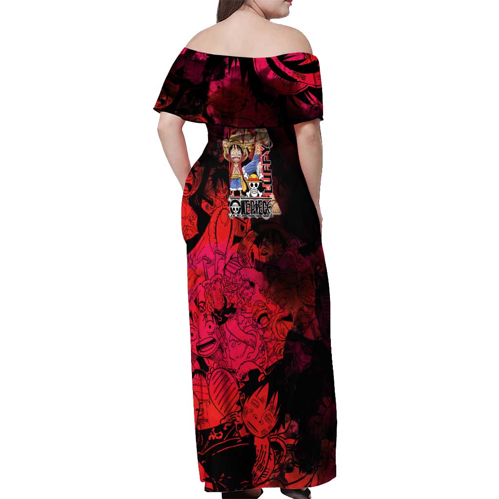 Luffy One Piece Red Theme Off Shoulder Maxi Dress with Straw Hat Crew and Gear Transformation Design - The Mazicc
