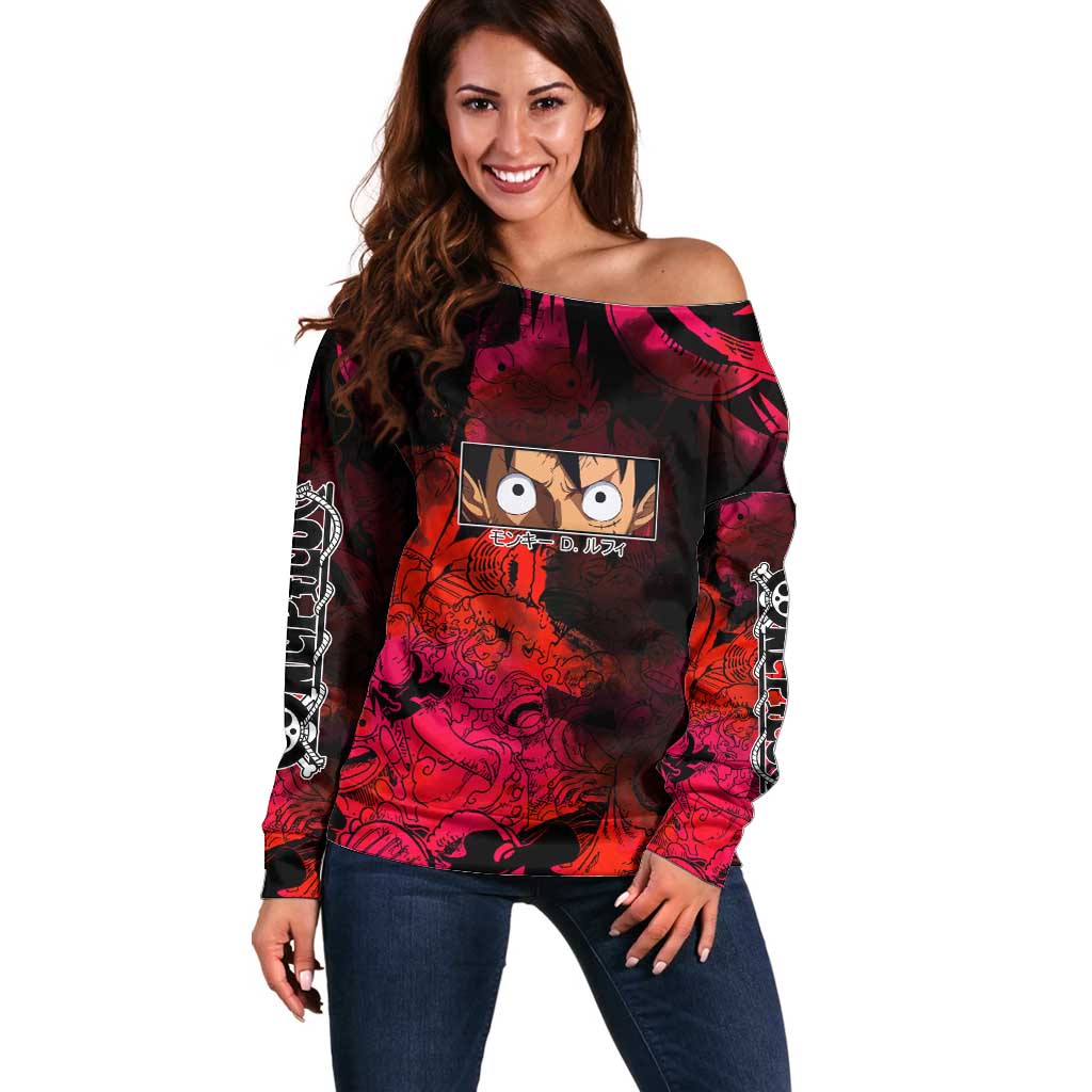 Luffy One Piece Red Theme Off Shoulder Sweater with Straw Hat Crew and Gear Transformation Design - The Mazicc