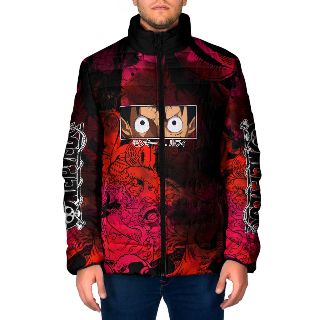 Luffy One Piece Red Theme Padded Jacket with Straw Hat Crew and Gear Transformation Design - The Mazicc