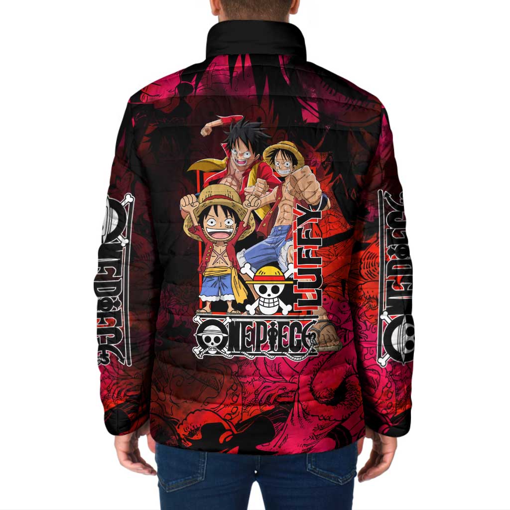 Luffy One Piece Red Theme Padded Jacket with Straw Hat Crew and Gear Transformation Design - The Mazicc