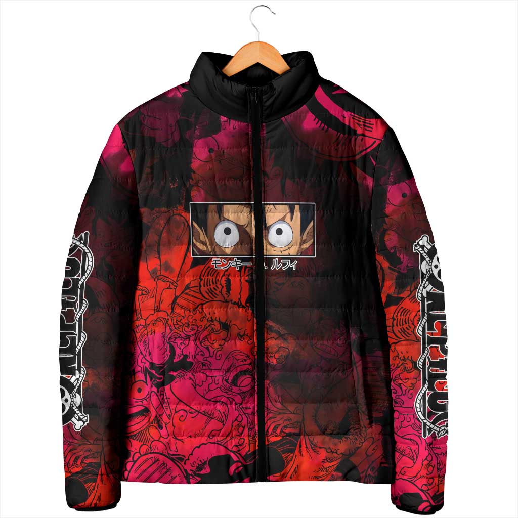 Luffy One Piece Red Theme Padded Jacket with Straw Hat Crew and Gear Transformation Design - The Mazicc