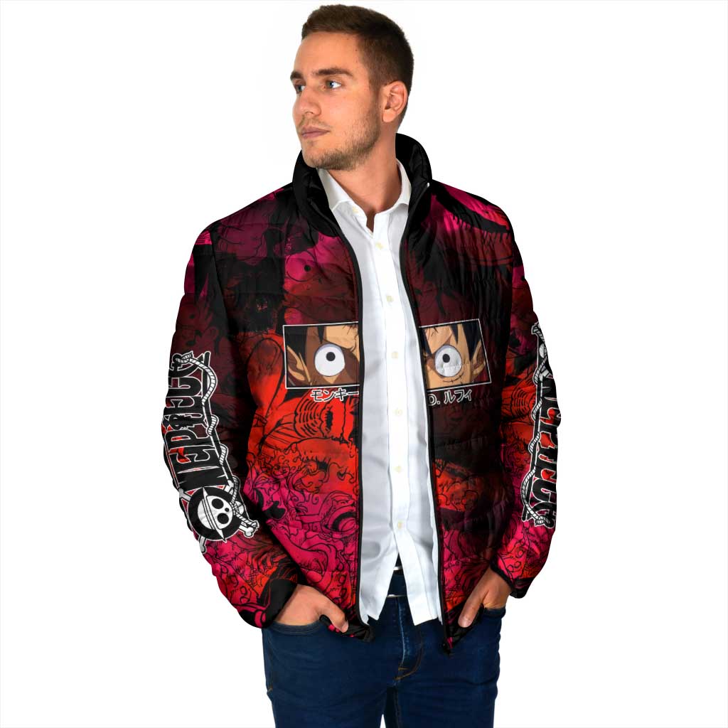 Luffy One Piece Red Theme Padded Jacket with Straw Hat Crew and Gear Transformation Design - The Mazicc