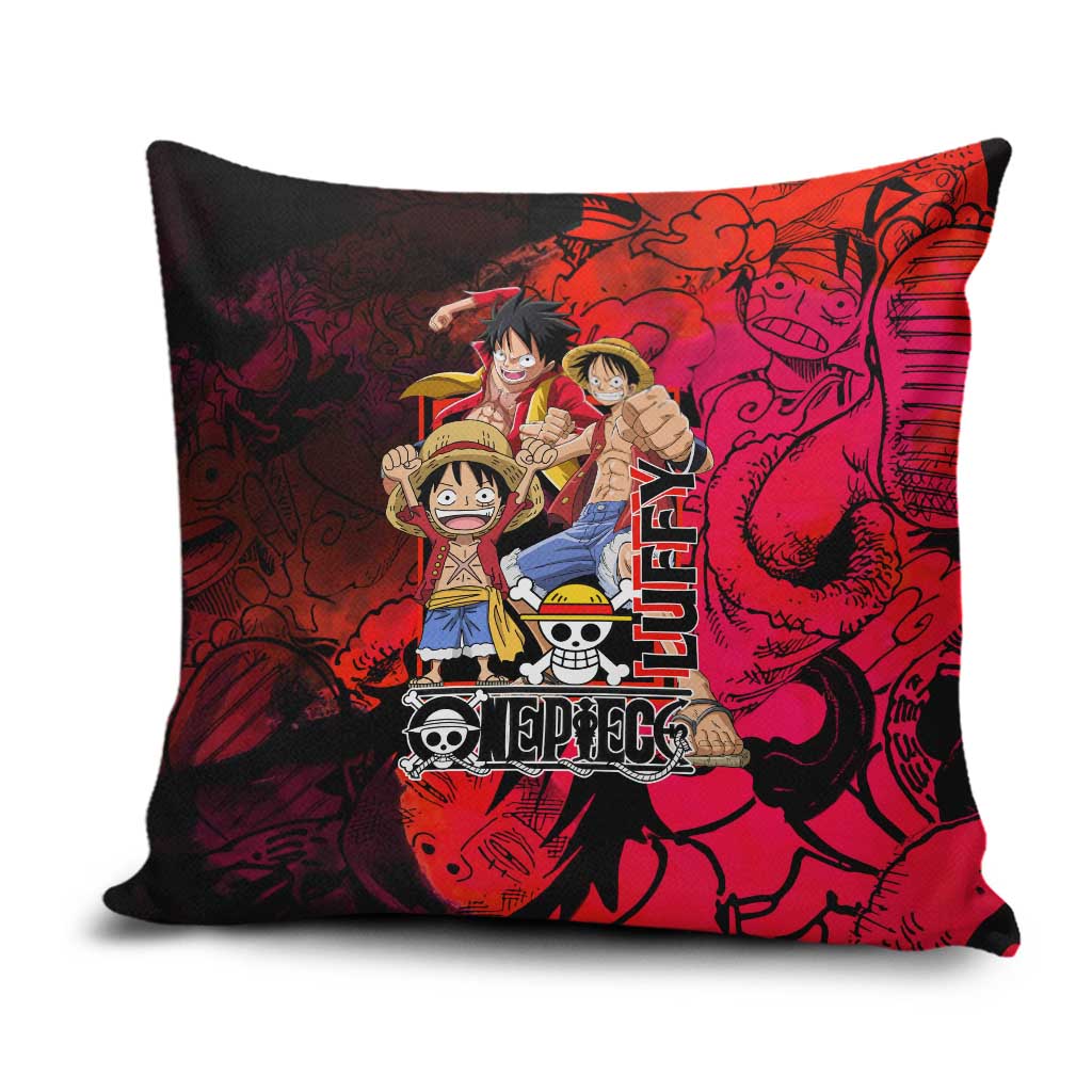 Luffy One Piece Red Theme Pillow Cover with Straw Hat Crew and Gear Transformation Design - The Mazicc