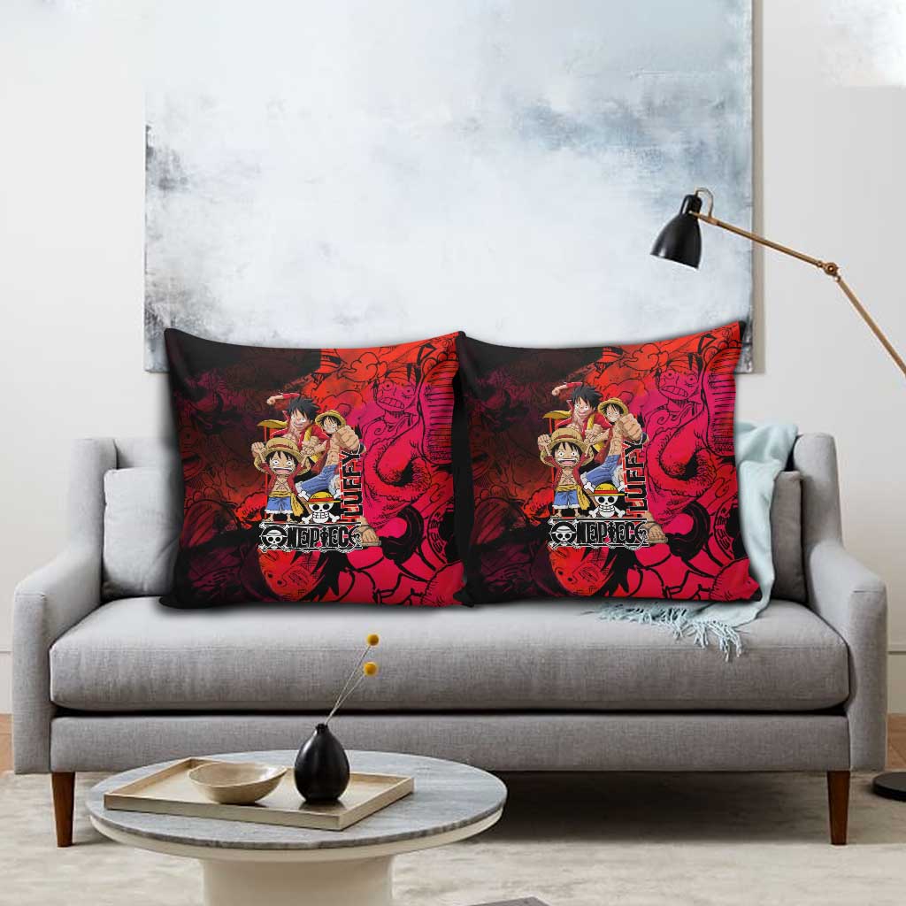Luffy One Piece Red Theme Pillow Cover with Straw Hat Crew and Gear Transformation Design - The Mazicc