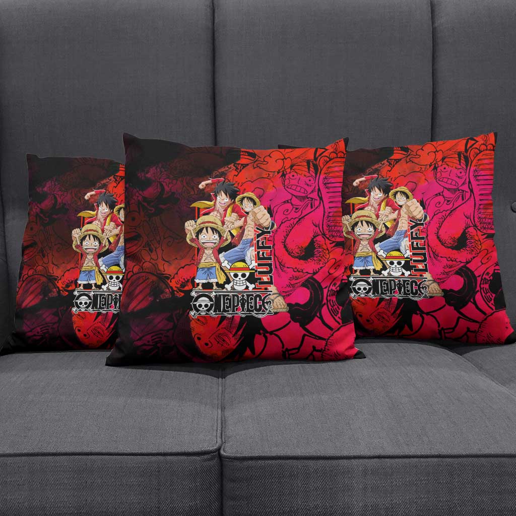 Luffy One Piece Red Theme Pillow Cover with Straw Hat Crew and Gear Transformation Design - The Mazicc