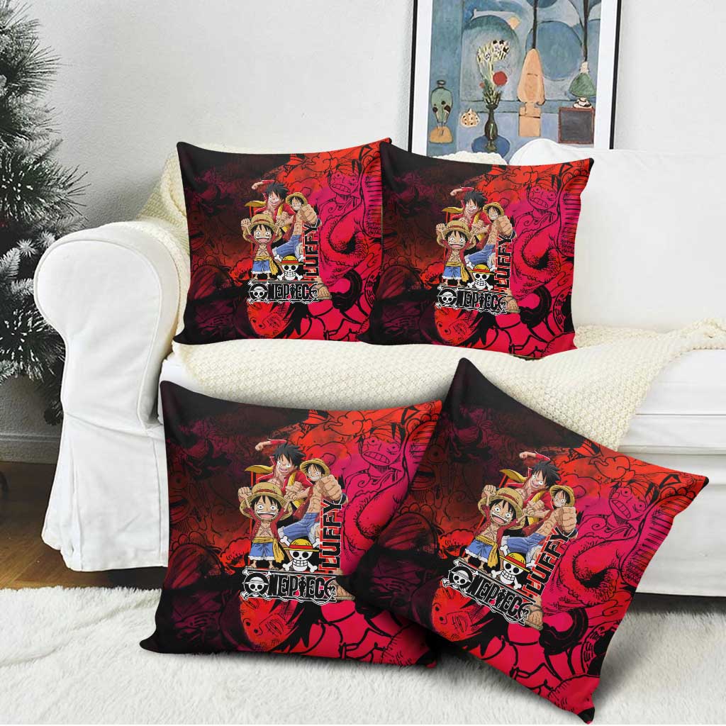 Luffy One Piece Red Theme Pillow Cover with Straw Hat Crew and Gear Transformation Design - The Mazicc
