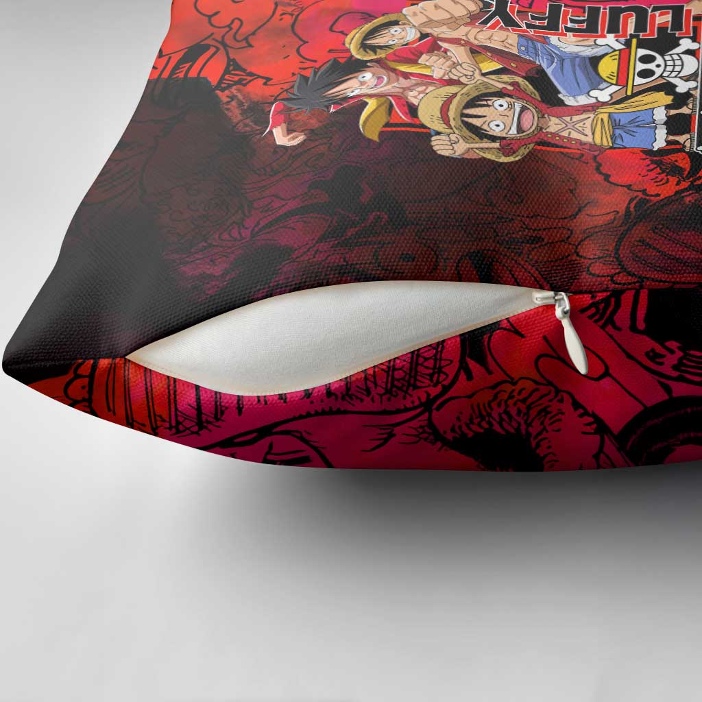 Luffy One Piece Red Theme Pillow Cover with Straw Hat Crew and Gear Transformation Design - The Mazicc