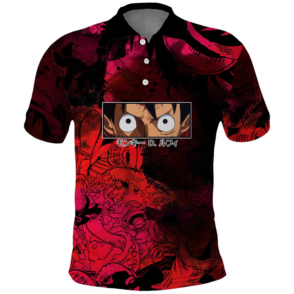 Luffy One Piece Red Theme Polo Shirt with Straw Hat Crew and Gear Transformation Design - The Mazicc