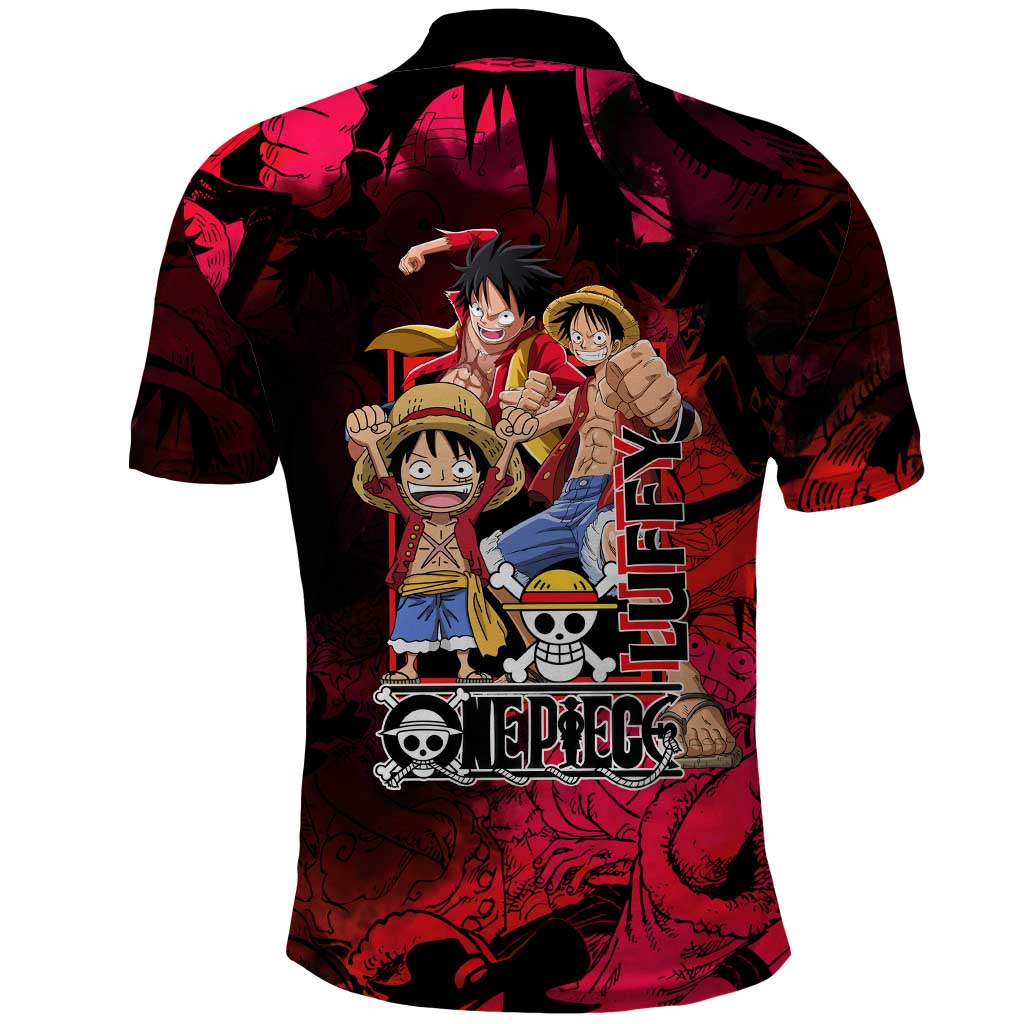 Luffy One Piece Red Theme Polo Shirt with Straw Hat Crew and Gear Transformation Design - The Mazicc
