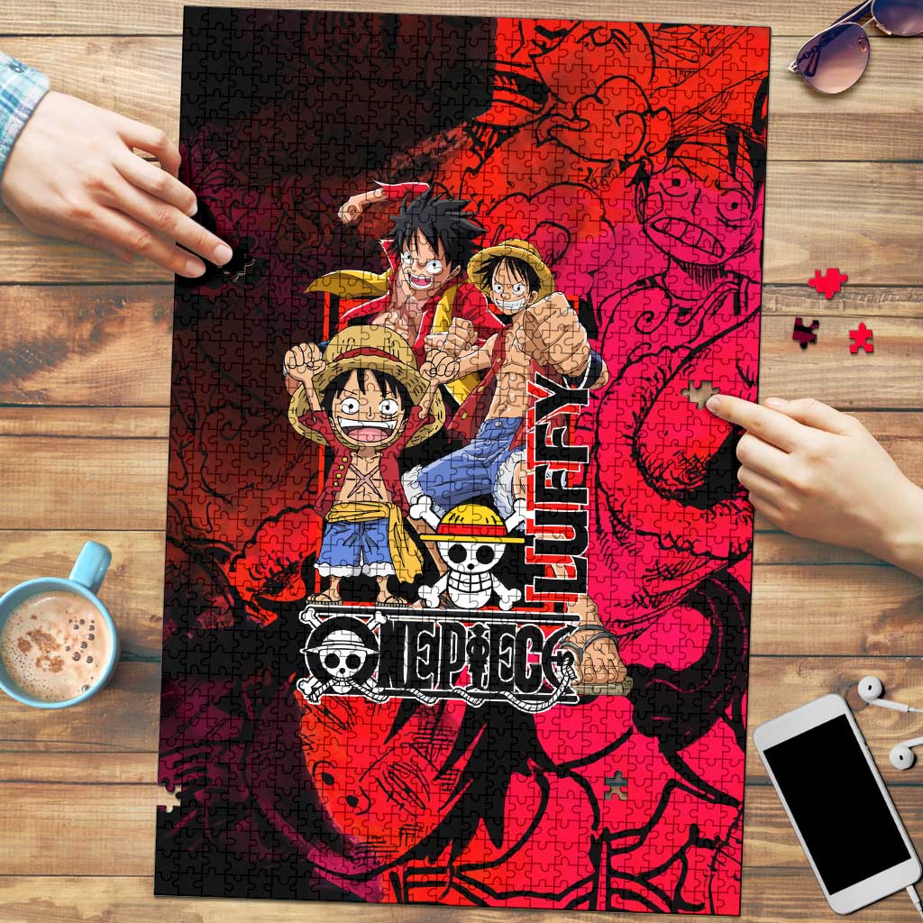 Luffy One Piece Red Theme Puzzle with Straw Hat Crew and Gear Transformation Design - The Mazicc