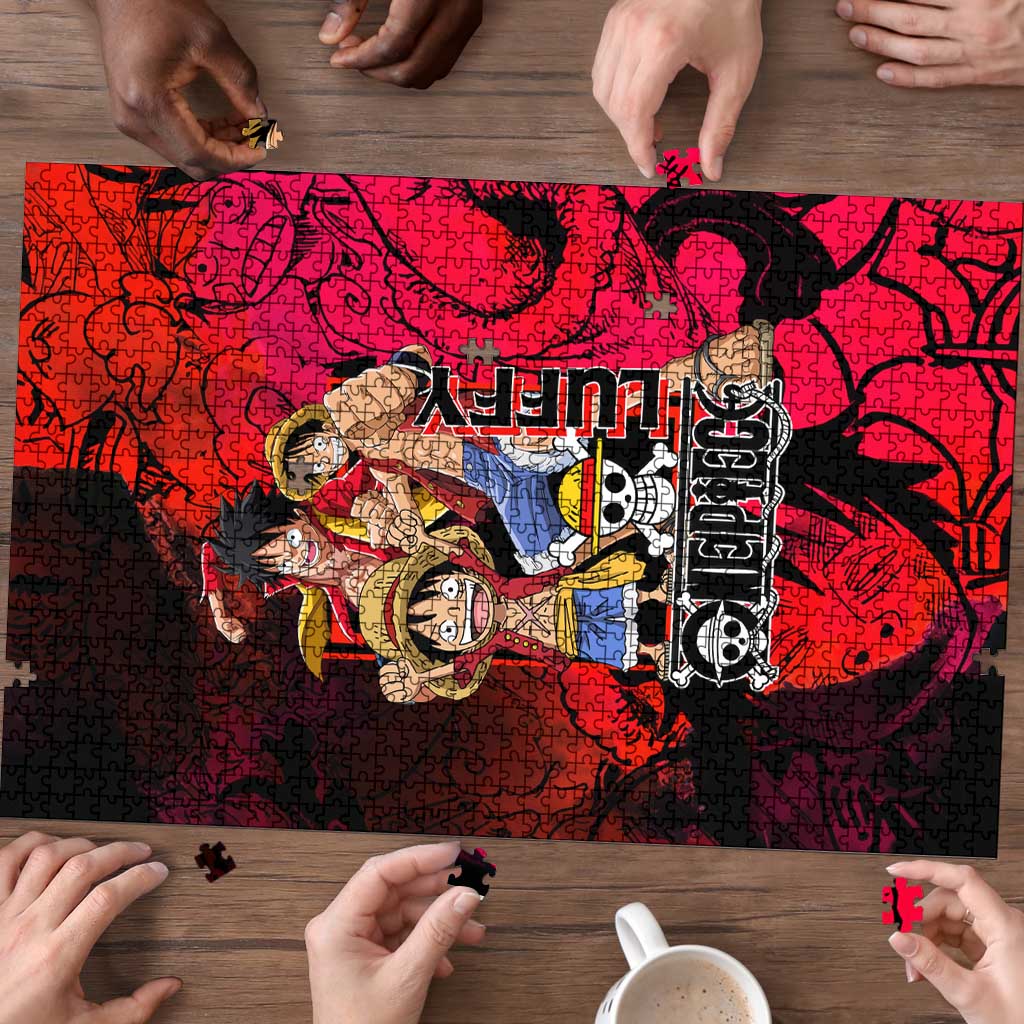 Luffy One Piece Red Theme Puzzle with Straw Hat Crew and Gear Transformation Design - The Mazicc