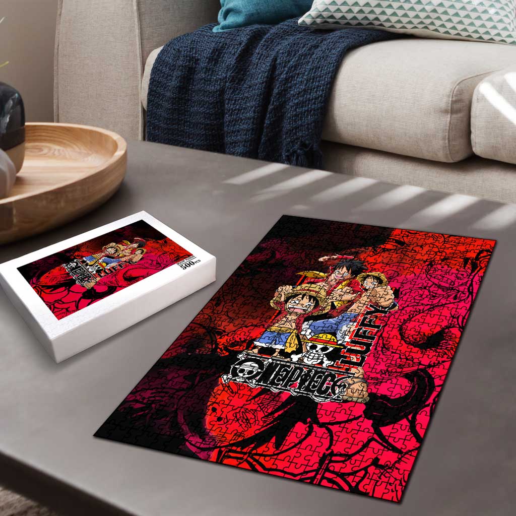 Luffy One Piece Red Theme Puzzle with Straw Hat Crew and Gear Transformation Design - The Mazicc