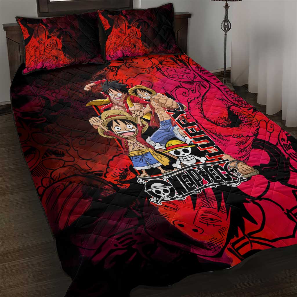 Luffy One Piece Red Theme Quilt Bed Set with Straw Hat Crew and Gear Transformation Design - The Mazicc