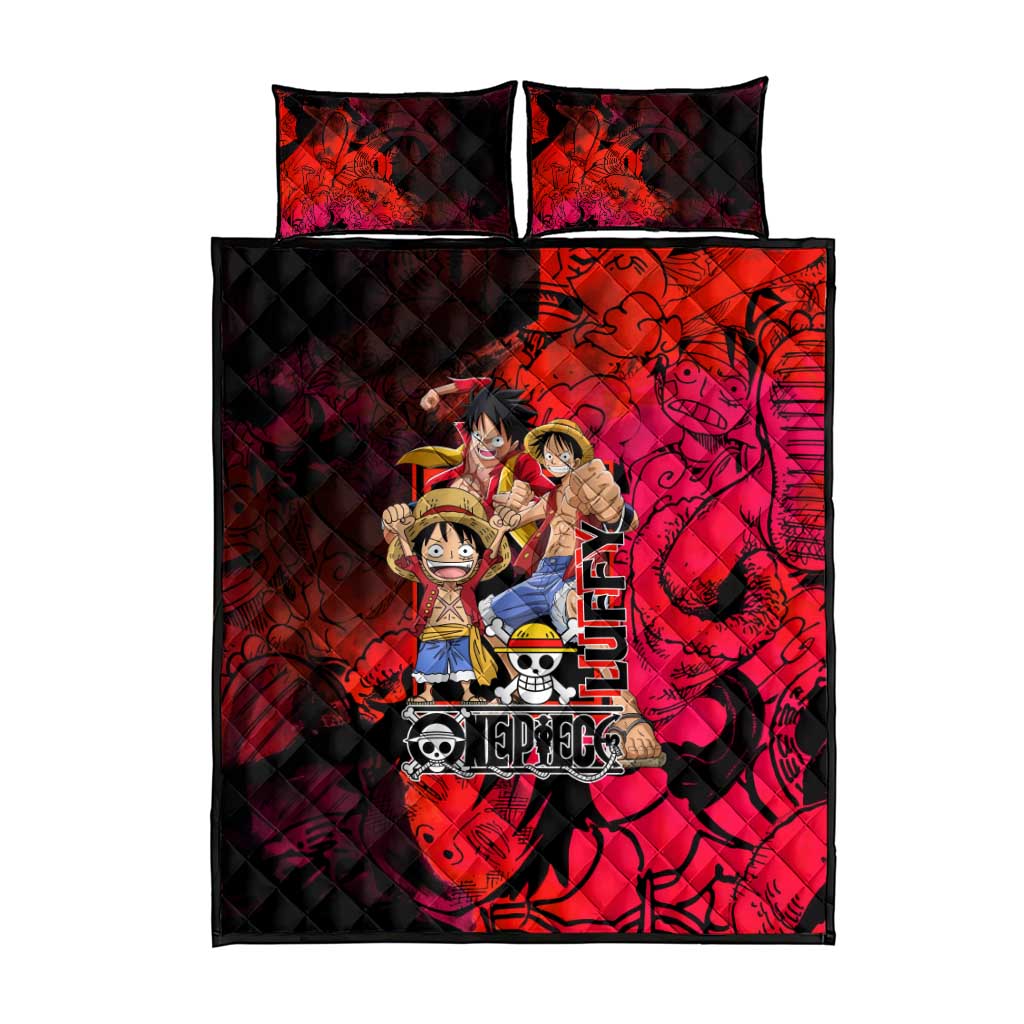 Luffy One Piece Red Theme Quilt Bed Set with Straw Hat Crew and Gear Transformation Design - The Mazicc