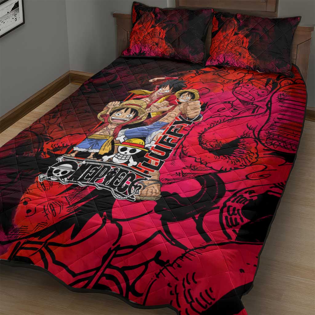 Luffy One Piece Red Theme Quilt Bed Set with Straw Hat Crew and Gear Transformation Design - The Mazicc