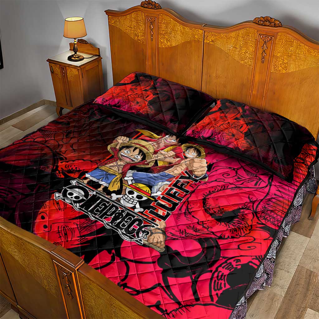 Luffy One Piece Red Theme Quilt Bed Set with Straw Hat Crew and Gear Transformation Design - The Mazicc