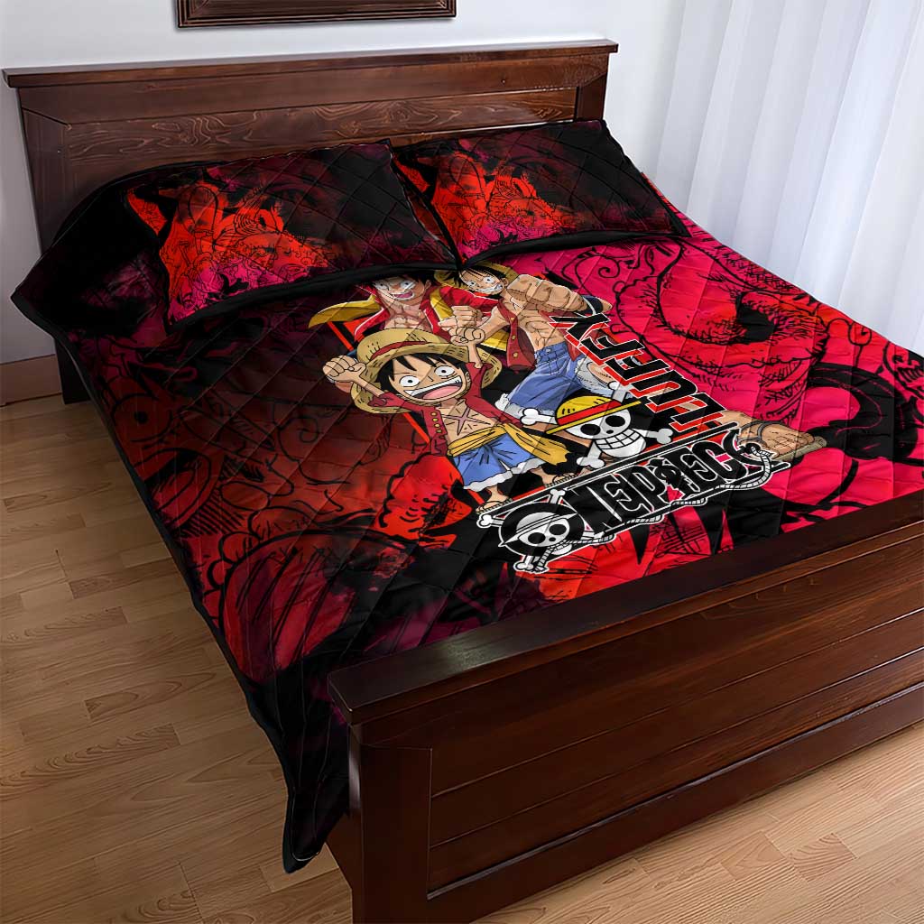 Luffy One Piece Red Theme Quilt Bed Set with Straw Hat Crew and Gear Transformation Design - The Mazicc