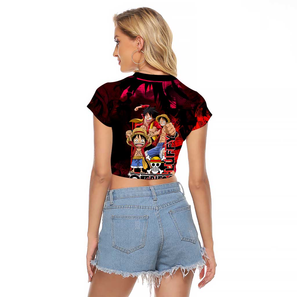 Luffy One Piece Red Theme Raglan Cropped T Shirt with Straw Hat Crew and Gear Transformation Design - The Mazicc