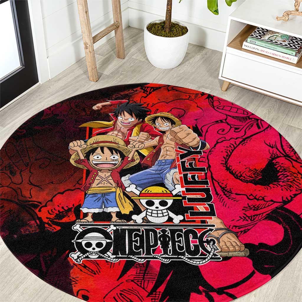 Luffy One Piece Red Theme Round Carpet with Straw Hat Crew and Gear Transformation Design - The Mazicc