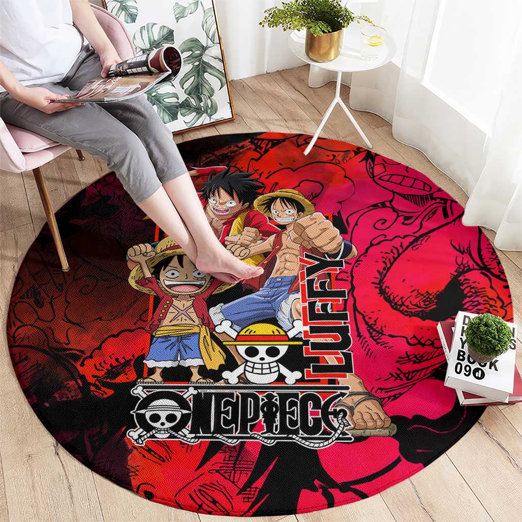 Luffy One Piece Red Theme Round Carpet with Straw Hat Crew and Gear Transformation Design - The Mazicc